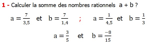 Exercices corriges de mathématique cours les nombres rationnels l’addition et la soustraction maths 3éme comment additionner et soustraire deux nombres rationnels calcul plusieurs nombres rationnels calcul l’addition et la soustraction des nombres fractionnaire calcul l’addition et la soustraction des nombres relatifs en écriture décimaux réduire le dénominateur des nombres rationnels et simplifier le résultat Calculer la somme des nombres rationnels  a + b 