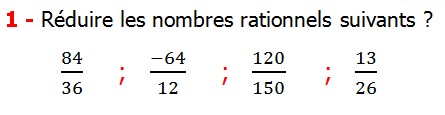 Exercices corriges cours introduction aux nombres rationnels maths 3éme définition les nombres rationnels relatifs négatifs et positifs simplifier le nombre rationnel  et décomposer un nombre rationnel et réduire le dénominateur commun de deux nombre rationnels et comparer deux nombres rationnels Réduire les nombres rationnels suivants 