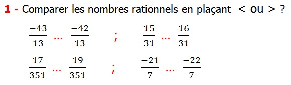 Exercices corriges cours les nombres rationnels maths 4éme définition les nombres rationnels relatifs négatifs et positifs simplifier le nombre rationnel  et décomposer un nombre rationnel et réduire le dénominateur commun de deux nombre rationnels et comparer deux nombres rationnels Comparer les nombres rationnels en plaçant inférieur ou supérieur