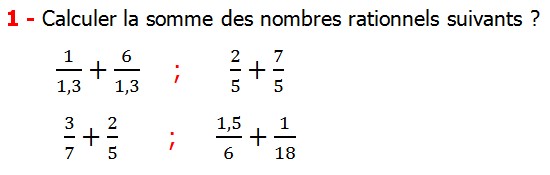 Exercices corriges cours les nombres rationnels la somme et la différence maths 4éme calcul la somme et la différence de deux nombres rationnels calcul plusieurs nombres rationnels calcul la somme et la différence des nombres fractionnaire calcul la somme et la différence des nombres relatifs en écriture décimaux réduire le dénominateur des nombres rationnels Calculer la somme des nombres rationnels suivants 