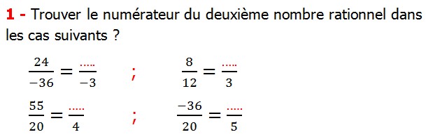 Exercices corriges cours les nombres rationnels maths 4éme définition les nombres rationnels relatifs négatifs et positifs simplifier le nombre rationnel  et décomposer un nombre rationnel et réduire le dénominateur commun de deux nombre rationnels et comparer deux nombres rationnels Trouver le numérateur du deuxième nombre rationnel dans les cas suivants 