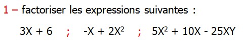Exercices corriges de Maths 3ème Cours Mathématique sur les écritures littérales Développement Factorisation Identités Remarquables la double distributivité factoriser les expressions suivantes 3X + 6    ;    -X + 2X2    ;   5X2 + 10X - 25XY