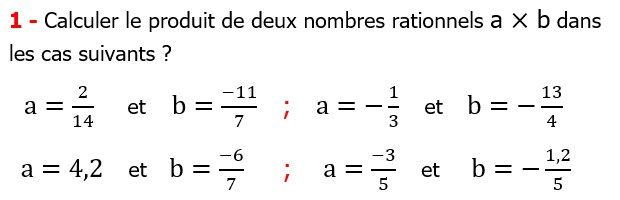 Exercices corriges cours mathématique les nombres rationnels la multiplication et la division maths 3éme Calculer le produit de deux nombres rationnels a × b dans les cas suivants 