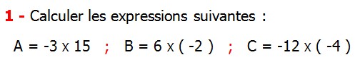 Exercices corriges de Maths 4ème  Nombres relatifs en écriture décimale Calculer les expressions suivantes A = -3 X 15   B = 6 X ( -2 )  C = -12 X ( -4 ) 
