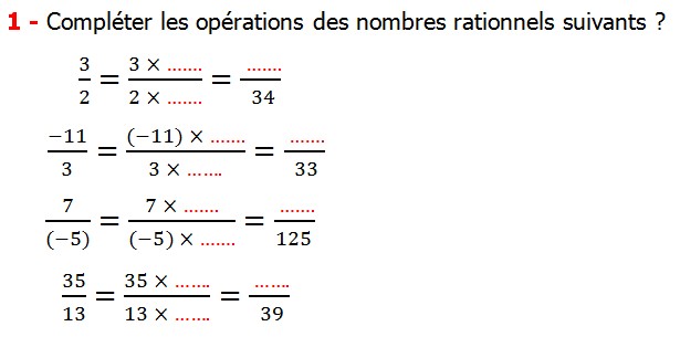 Exercices corriges cours introduction aux nombres rationnels maths 3éme définition les nombres rationnels relatifs négatifs et positifs simplifier le nombre rationnel  et décomposer un nombre rationnel et réduire le dénominateur commun de deux nombre rationnels et comparer deux nombres rationnels Compléter les opérations des nombres rationnels suivants 