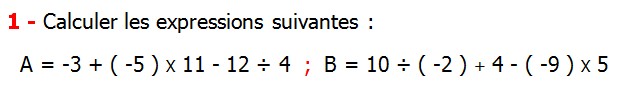 Exercices corriges de Maths 4ème  Nombres relatifs en écriture décimale Calculer les expressions suivantes A = -3 + ( -5 ) X 11 - 12 ÷ 4 B = 10 ÷ ( -2 ) + 4 - ( -9 ) X 5  