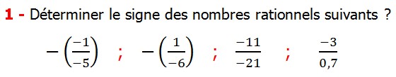Exercices corriges cours introduction aux nombres rationnels maths 3éme définition les nombres rationnels relatifs négatifs et positifs simplifier le nombre rationnel  et décomposer un nombre rationnel et réduire le dénominateur commun de deux nombre rationnels et comparer deux nombres rationnels Déterminer le signe des nombres rationnels suivants 